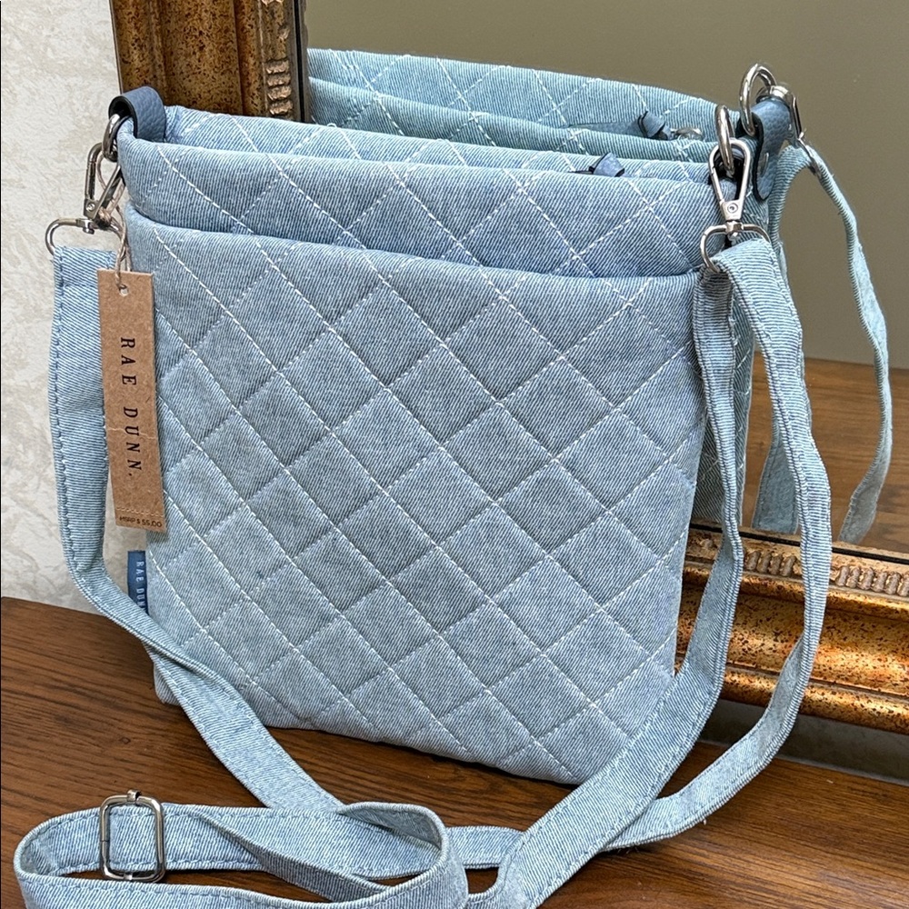 Rae Dunn Light Blue Quilted Crossbody Bag. Denim blue-Removeable accessory purse